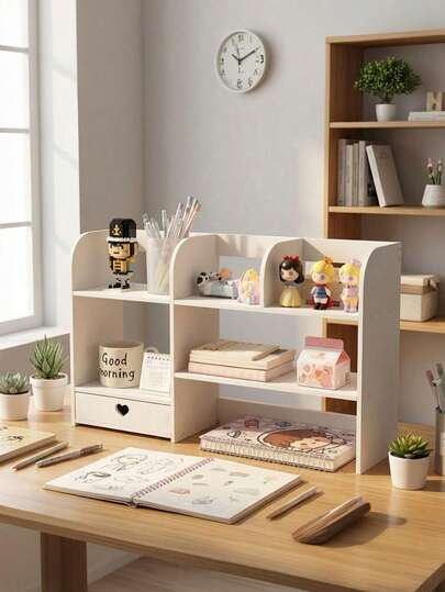 1个白色木塑复合材料储物架，适用于卧室、客厅、书房、办公室、宿舍，可用作桌面收纳架，存放化妆品、文具、书籍、日历、口红、面膜等。