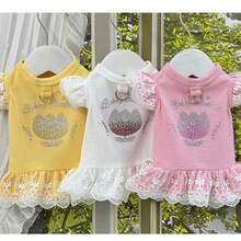 春夏宠物狗连衣裙，华夫格蕾丝边镶钻公主裙，适合小型犬 - 彩色 - 查看 1