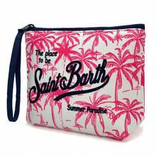 All-In-One Travel Toiletry Bag, S-Saint B-Barth Material, Portable Striped Toiletry Bag, Cosmetic Bag, Handbag, Cosmetic Bag, Waterproof Travel Bag, Travel Organizer With Zipper, Lightweight Makeup Case, Unisex Travel Gift. - hồng và trắng - Xem 4