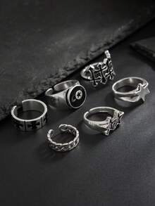 6pcs Fashionable Punk Star Cross Rings, Charming Jewelry For Men, Holiday Gift - Antique Silver - View 4