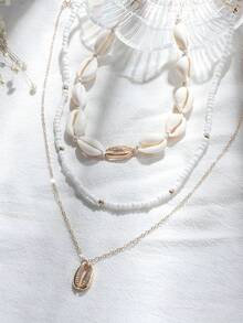 Hihho 3入組時尚簡約風波西米亞風格貝殼&串珠編織鎖骨鏈條套裝適合女士,海灘旅行裝飾用品 - 金黃色 - 查看 5