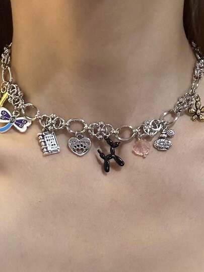 1 pieza Collar de Moda Personalizado con Colgante Multielemental de Globo, Cachorro, Flor, Corazón, Estilo Dulce Y2K de Metal Plateado, Adecuado para Uso Diario, Fiesta, Vacaciones, Regalo Diario, Regalo de Joyería para Mujer