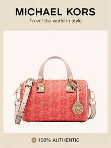 Michael Kors Grayson Classic Solid Color Logo Zipper Boston Bag, Women Handbag - Coral Red - View 1