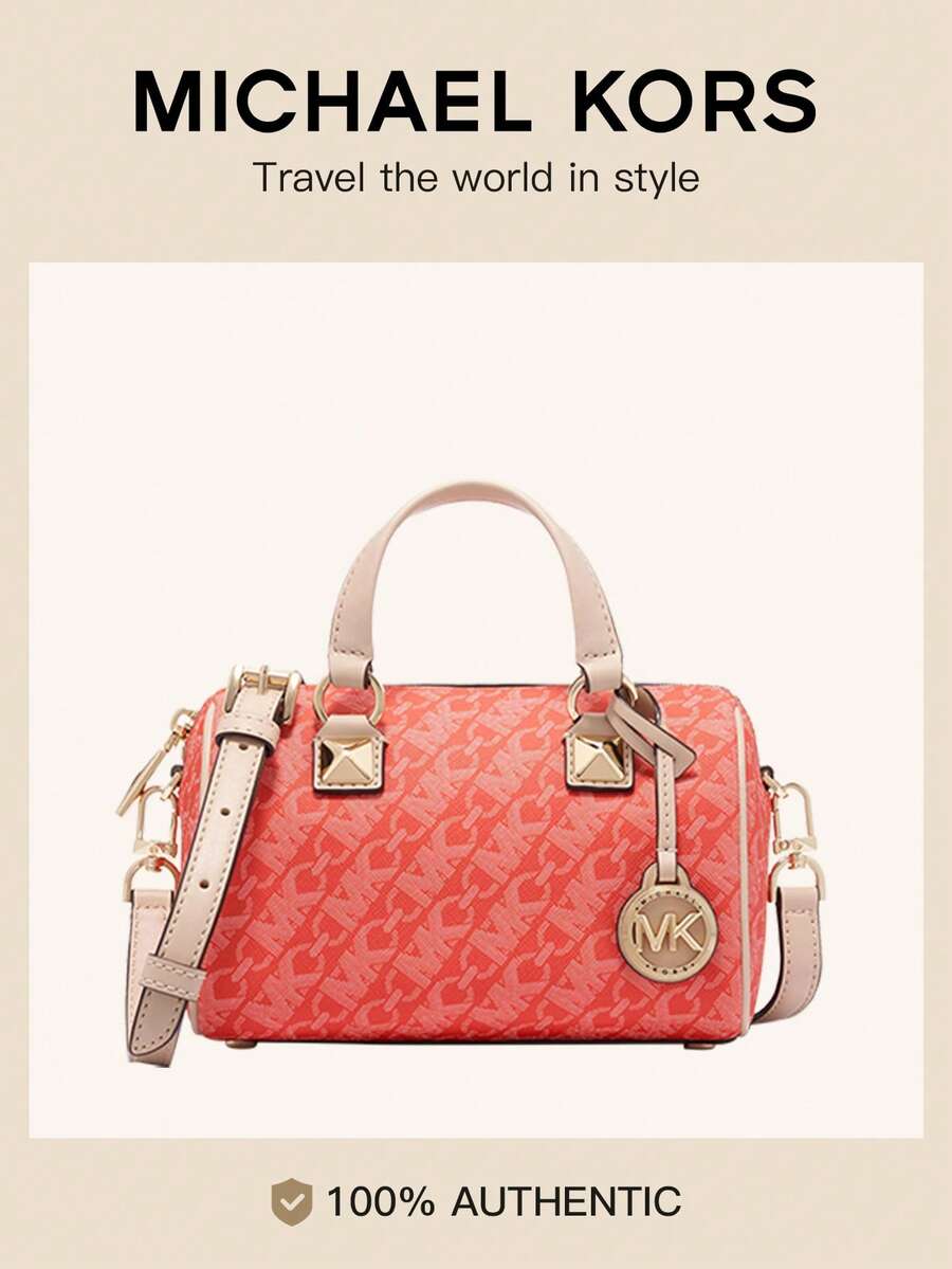 Michael Kors Grayson Classic Solid Color Logo Zipper Boston Bag, Women Handbag - Coral Red - View 1