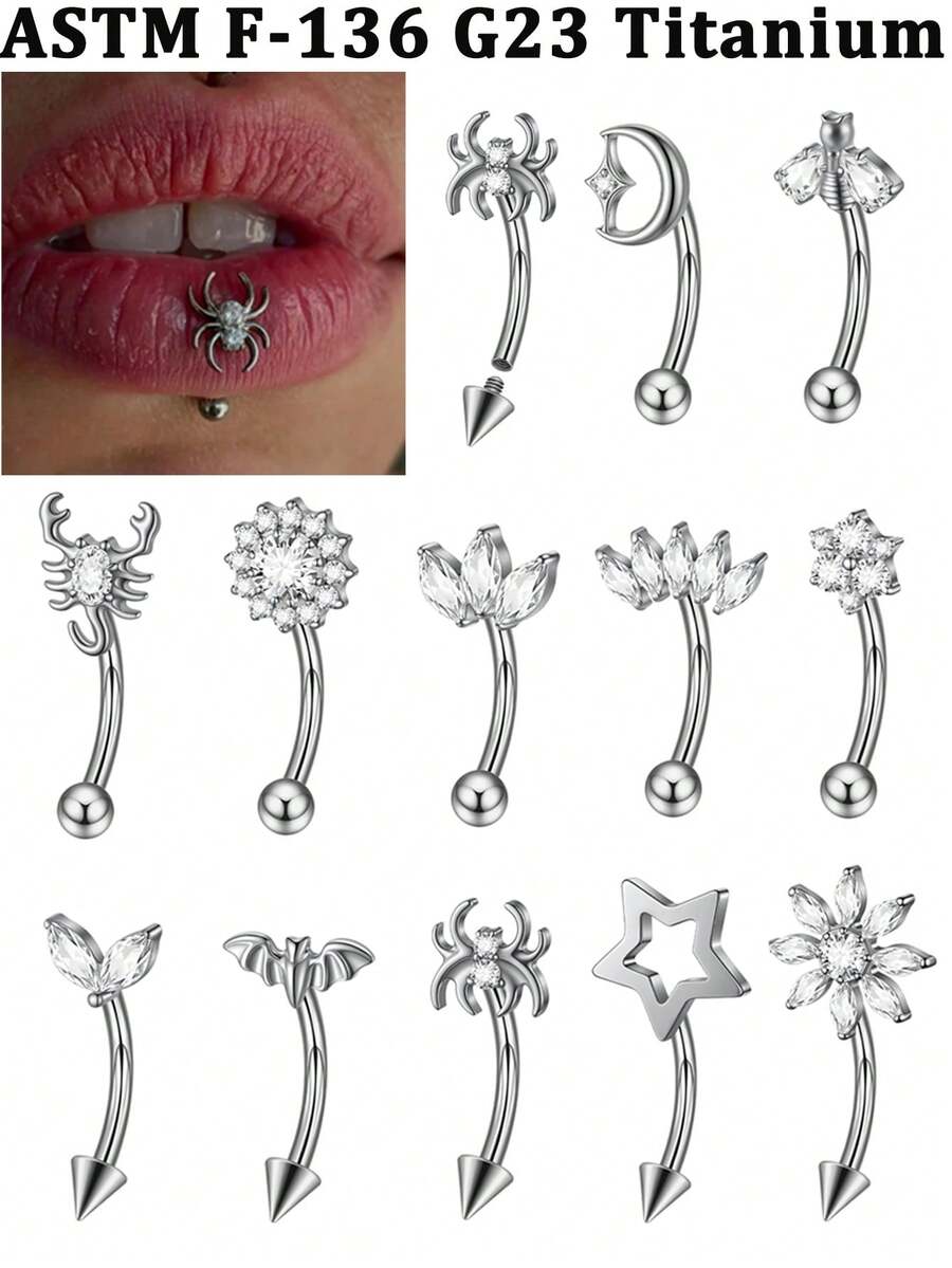 1PC CZ Flower/Bat/Spider /Bee Moon&Star Rook Earring,16G Implant Grade Titanium Internal Thread Eyebrow Labret Lip Belly Button Ring Curved Barbell Clear Zirconia Floral Cartilage Daith Conch Earring