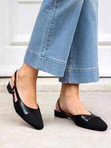 Women Slingback Flats Low Heel Slip-On Dress Ballet Flats Square Toe  Lady Elegant Casual Commute Wedding Party Work Color Blocking Flats Shoes - màu đen - Xem 4