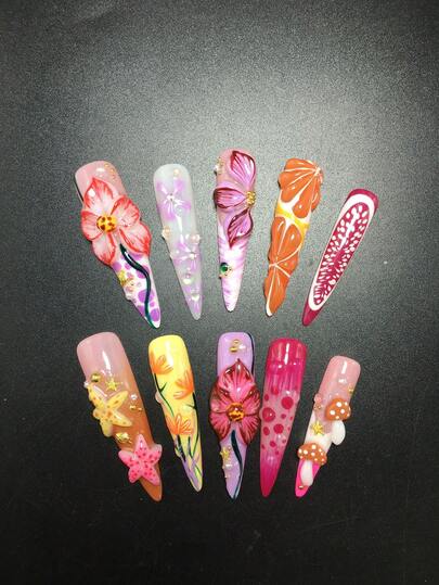 10 Piece 5.4cm Handmade High-Heeled Armor, Paired With Flower, Pearl, Pastry, And Mushroom Decorations, Set With Nail Stickers, Suitable For Women And Girls, Valentine's Day, Parties, Festivals, And Daily Wear. Nail Accessories, Acrylic Nail Kit, Including Kit, Hand Pressed Nail Art, Fake Nail Stickers, And Nail Supplies.