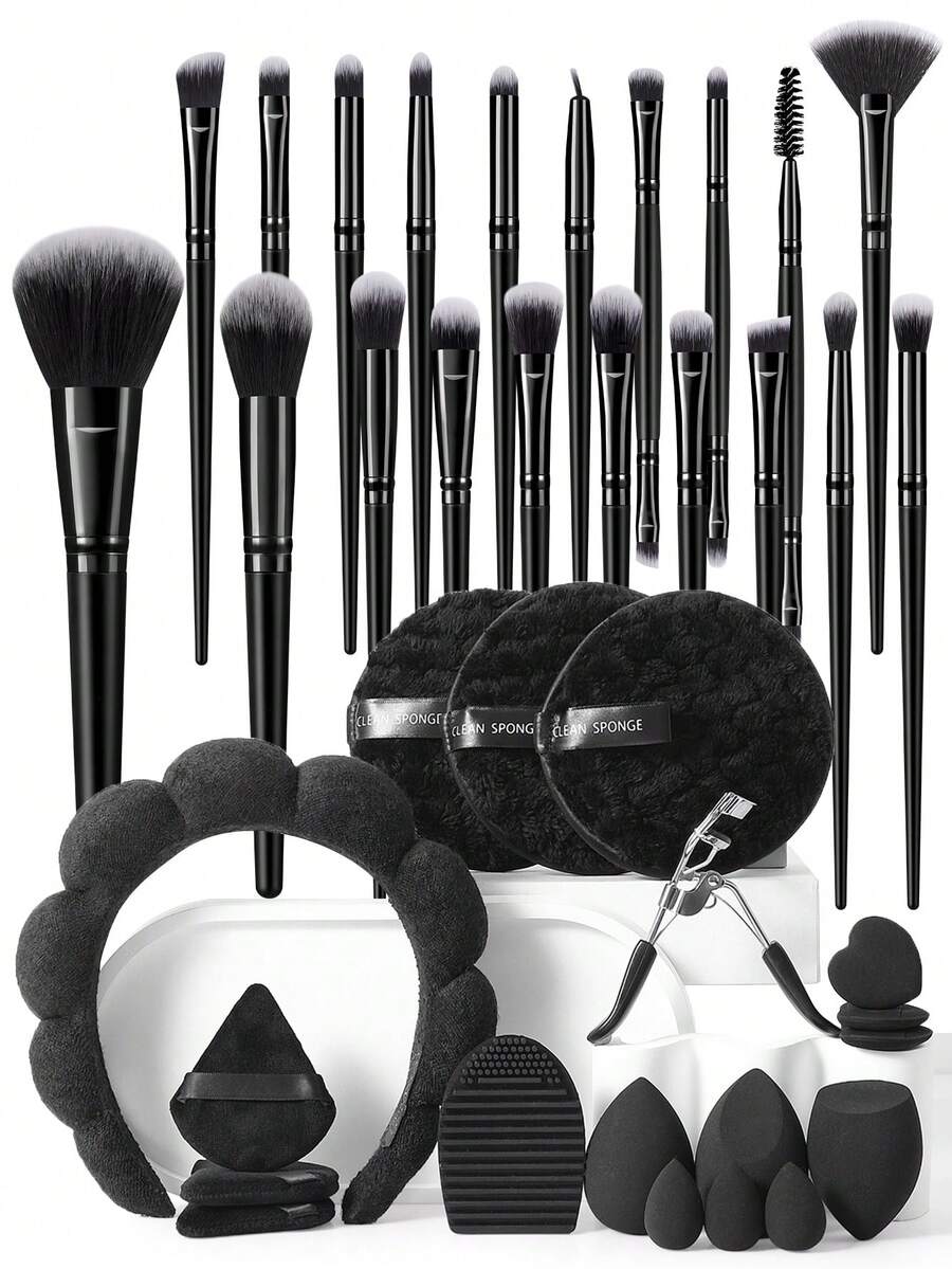 38件套化妆工具套装，包含：20支化妆刷套装+3个洁面海绵+1个发圈+3个三角粉扑+1个睫毛夹+3个迷你气垫粉扑+3个化妆海绵+3个迷你化妆海绵+1套化妆刷清洁工具，一应俱全，新手友好 | 方便旅行携带，送礼佳品 | 新手/女性的完美之选 - 彩色 - 查看 1