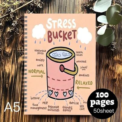 1本A5尺寸心理健康计划本 - 每日情绪追踪和放松日记，包含可爱的减压桶设计及应对机制，适合作为送给治疗师、学生、护理人员的正念礼物（粉色封面）