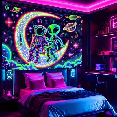 1pc Astronaut & Alien Space Tapestry, Neon Galaxy Stars Wall Hanging Decor For Bedroom, Game Room, Dorm