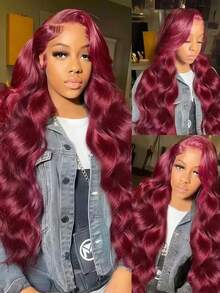 250% Density 99J Burgundy 13x4 Lace Front Wigs Human Hair Pre Plucked With Baby Hair Body Wave HD Transparent Lace Front Human Hair Wigs For Women Ear To Ear Long Hairline - S99J - 查看 7