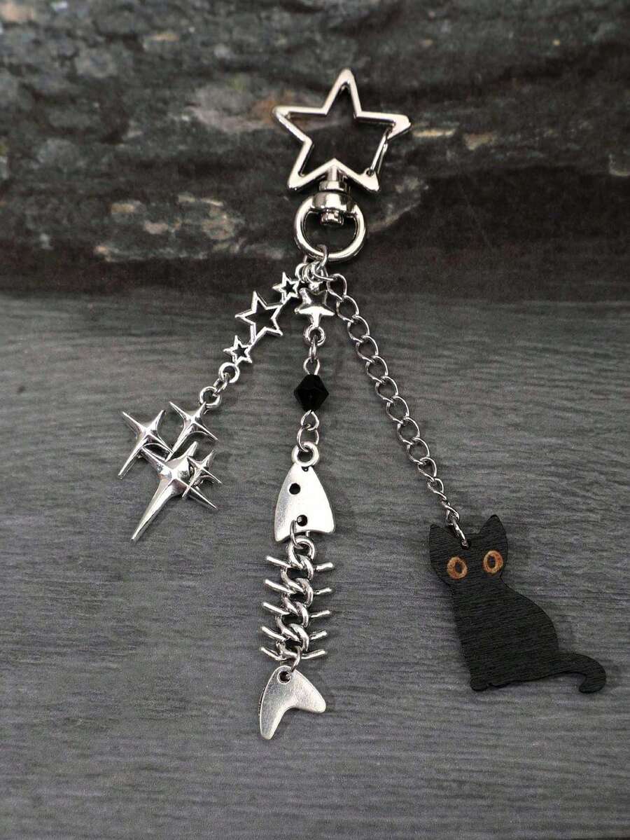 猫咪海星钥匙扣手链包饰，男女通用，节日礼物，情人节礼物 - 銀色 - 查看 1