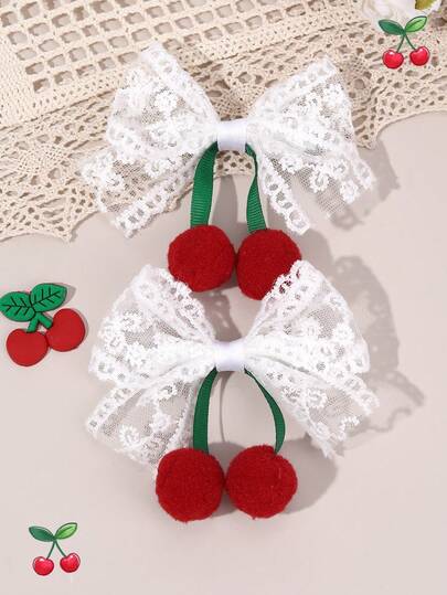 2个红色毛球樱桃发夹，白色蕾丝蝴蝶结发夹，甜美可爱蝴蝶结发卡，鳄鱼夹，春夏发夹，水果主题派对发饰，少女青少年发饰
