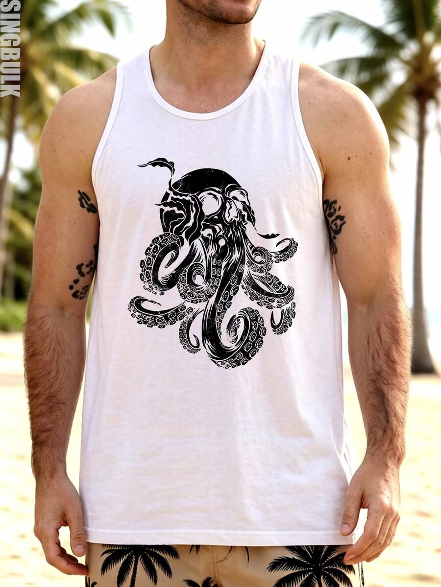 singbulk Men's Gothic Skull Octopus Graphic Print Sleeveless Cotton Tank Top - Summer Beach & Casual Streetwear Vest - 白色 - 查看 1