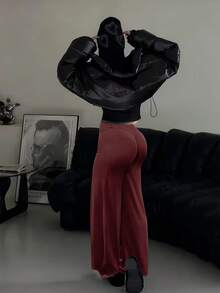 高腰喇叭瑜伽裤，提臀，弹力宽松喇叭裤腿运动裤，可机洗，女士款，阔腿裤，直筒裤，健身，夏季，春季女装，春季 - 酒紅色 - 查看 6