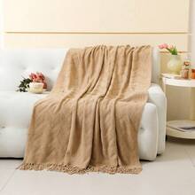 1 chiếc chăn sofa vuông nhỏ hai màu kẻ caro, chăn ném hình chữ nhật bằng polyester có tua rua, thích hợp cho giấc ngủ trưa ở văn phòng và sử dụng hàng ngày. - kaki gợn sóng vải terry của Pháp - Xem 6