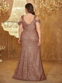 UNITHORSE 吊带V领露背褶皱腰部亮片优雅长款晚礼服 - 咖啡棕 - 查看 2