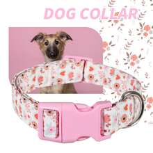Spring New Pink Floral Dog Collar, Fresh Floral Print Polyester Adjustable, Fits All Dog Breeds - Pink - View 1