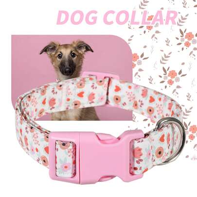Spring New Pink Floral Dog Collar, Fresh Floral Print Polyester Adjustable, Fits All Dog Breeds