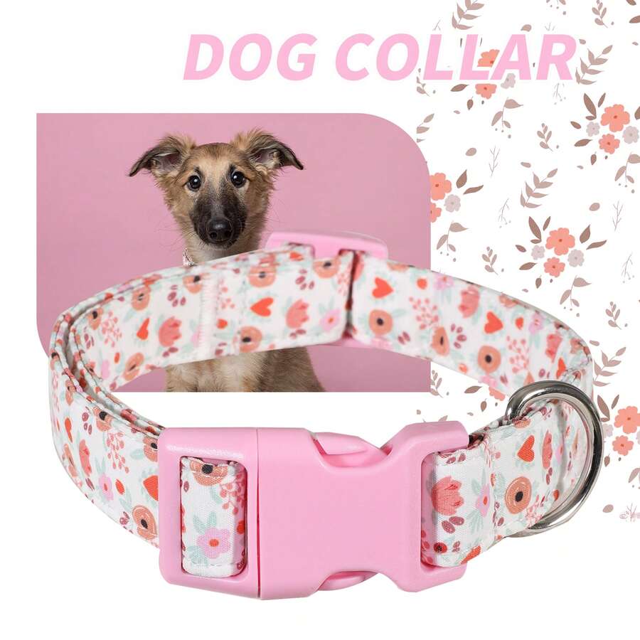 Spring New Pink Floral Dog Collar, Fresh Floral Print Polyester Adjustable, Fits All Dog Breeds - Pink - View 1