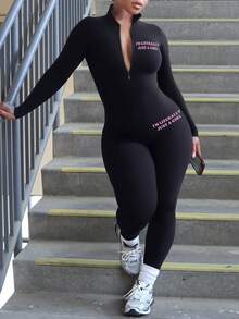 LovelyWholesale Women'S Daily Spring And Autumn Casual Jumpsuit Pants Stand Collar Zipper Long Sleeve Letter Print - Black - View 2