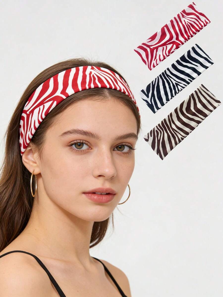 1/3pcs European And American New Zebra Print Elastic Wide Yoga Sports Headband, Women Daily Makeup Hairband Hair Accessories Summer Sport Sweatband,Holiday,Travel - Multicolor - View 1