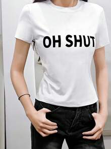 女士圆领短袖T恤，美式风格，夏季新款字母印花，修身时尚露脐休闲上衣 - 白色 - 查看 2