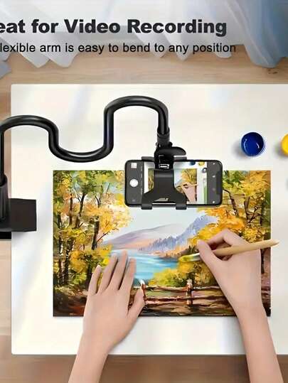 1 Soporte de teléfono de cuello de ganso, para uso en la cama, soporte de teléfono perezoso, longitud total de 75 cm, clip ajustable 360°, soporte colgante para teléfono, adecuado para cama, escritorio, todos los teléfonos, soporte de teléfono de mesita de noche, accesorio de escritorio, brazo ajustable, diseño flexible