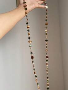 1pc Vintage Random Mixed Color Asymmetrical Shell Double Layer Sweater Chain Light Luxury Retro Natural Stone Beaded Long Necklace, Daily & Party Wear Accessory - Necklace - View 3