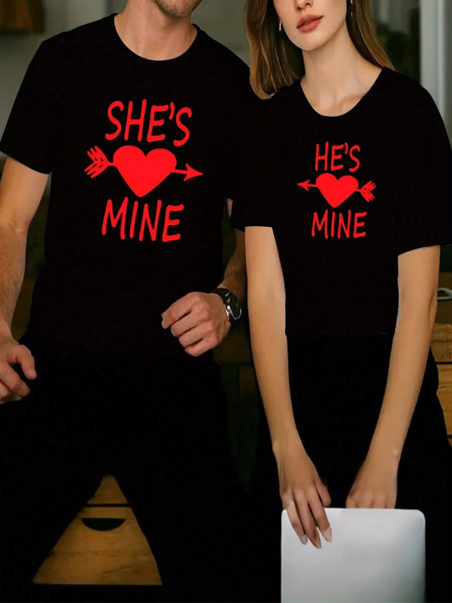 Envío Local - 1 Camiseta de Pareja, con estampado de flecha 'Ella es mía y él es mi amor', Camiseta de Hombre/Mujer con Estampado Casual a la Moda, Top de Verano de Manga Corta Cómodo y Suave - 1 pieza - Mujer - Negro - Ver 1