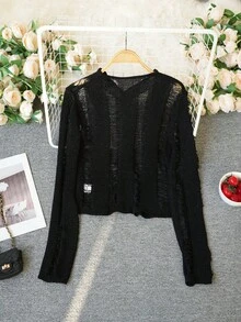 Sexy Hollow Out Black Knit Cardigan, Waist Cinched Short Length Long Sleeve, Slim Fit Commute & Date Streetwear Top - Black - View 5