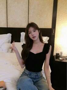 浪漫蕾丝弹力短款上衣，休闲百搭设计，显瘦黑色 - 黑色 - 查看 7