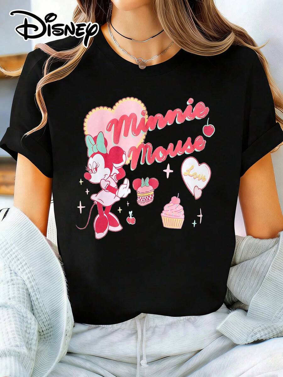 Disney Women's Black Minnie Mouse Graphic Short Sleeve Round Neck Casual T-Shirt Top, Perfect For A Cozy And Fun Everyday Style With Slight Stretch Cotton Fabric. - Black - View 1