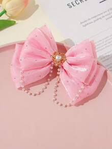 1pc Girls Cute Sweet Multi-Layer Tulle Bow Pearl Tassel Hair Clip - Bow Tie Clip - View 10