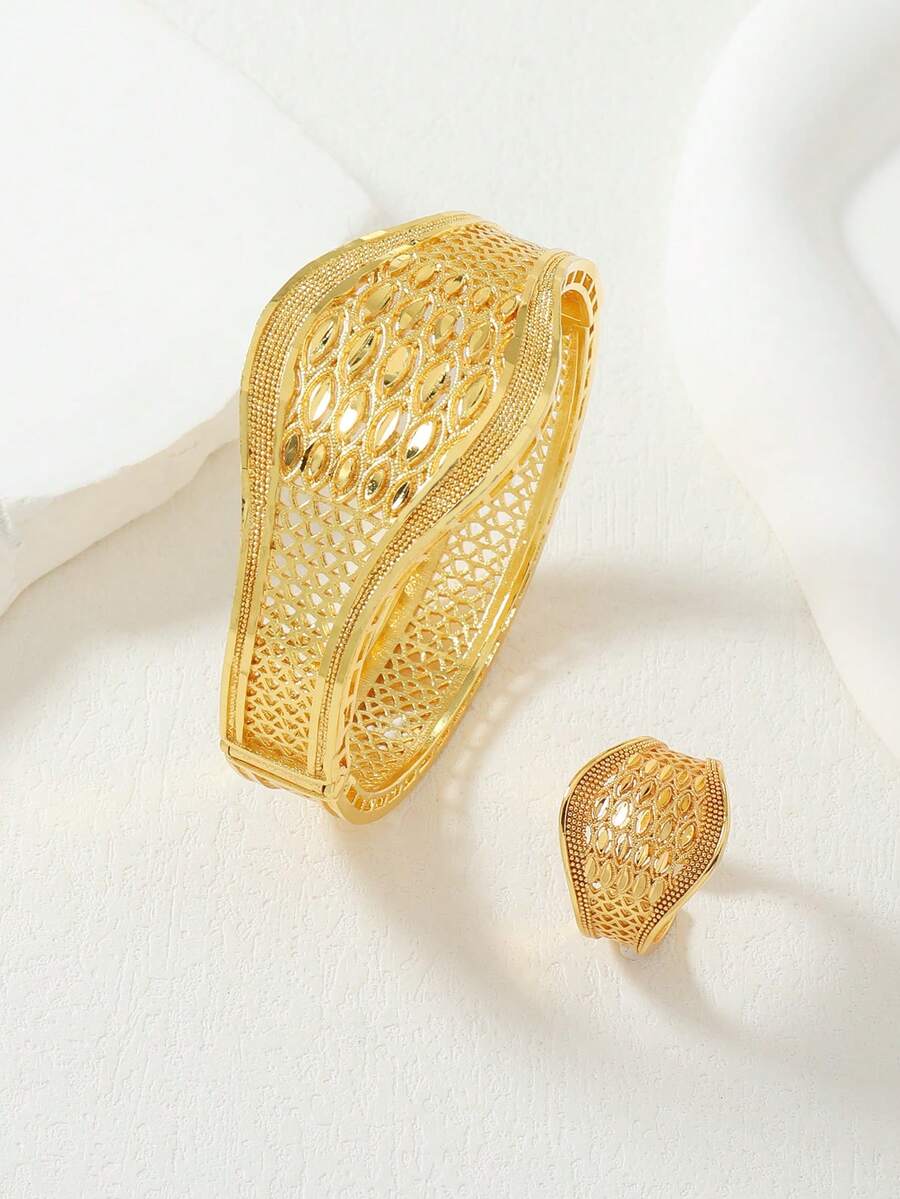 2pcs Middle Eastern Saudi Arabia Ramadan Style Gold-Plated Copper Women Bangle And Ring Jewelry Set, 1 Bangle And 1 Ring - Yellow Gold - View 1