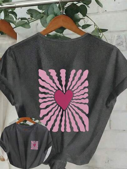 女士休闲心形波浪图案圆领短袖T恤，浪漫设计，适合春季、夏季、秋季、情人节/返校季穿着