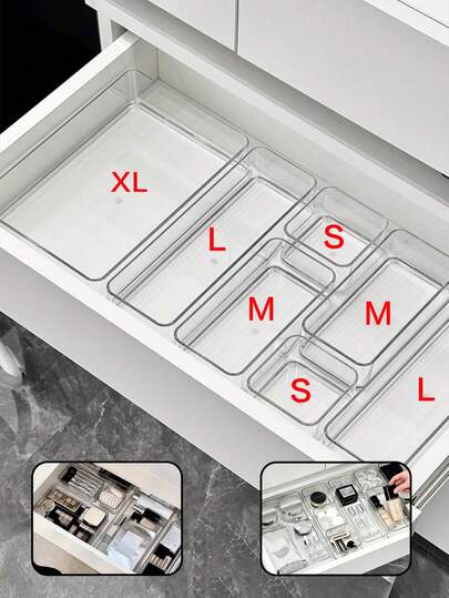 8/7/5件装透明亚克力抽屉收纳盒，化妆品收纳盒，时尚桌面隔层收纳盒，多种尺寸可选，完美适配梳妆台和浴室抽屉，适用于收纳化妆品、办公用品和杂物，浴室柜收纳，女士夏季礼物，母亲节礼物