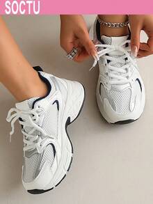 Giày thể thao nữ mũi tròn buộc dây đế dày thoải mái, kiểu dáng sinh viên. - Màu xanh lam - Xem 3