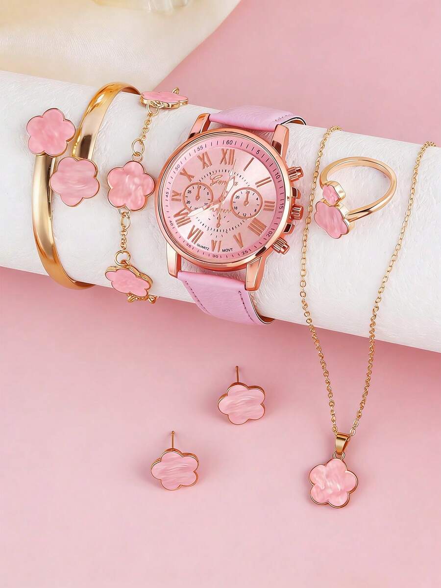 Bộ 7 món gồm đồng hồ da PU màu hồng, vòng tay hình cỏ bốn lá chuyển màu, dây chuyền, bông tai và nhẫn, bộ trang sức đồng hồ, thích hợp làm quà tặng ngày Valentine hoặc đeo hàng ngày. - Hồng - Xem 1