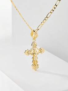 1pc European And American Classic Copper Inlaid Zirconia Cross Pendant Necklace, Limited Edition "Light Of The Protector", Suitable For Christmas/Thanksgiving/Halloween/Mother's Day/Valentine's Day Gifts For Couples/Friends/Believers, Catholic First Communion, Gifts, Daily And Holiday Wear For Prayer - Yellow Gold - View 2
