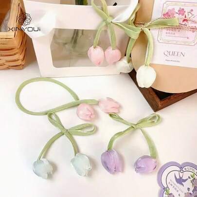 8 件装优雅郁金香窗帘绑带 - 经典花园风格涤纶纤维绑带，粉色花朵搭配绿色叶子，精致的家居装饰窗帘配件，深受 DIY 爱好者喜爱，阳光下闪闪发光的仿真郁金香