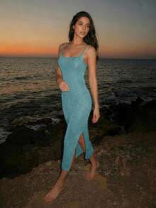 Mejors 女士休闲可爱性感优雅闪亮侧开衩后腰系带透视修身针织长裙无袖沙滩罩衫，适合度假、夜间外出、约会、乡村音乐节、春夏郊游，蓝色 - 藍色 - 查看 5