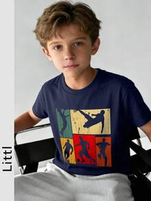 男童休闲印花圆领短袖T恤，夏季上衣 - 藏蓝色 - 查看 7