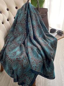 1条女士土耳其蓝色印花仿丝围巾，可用作头饰、围脖或服装配饰 - 松石藍 - 查看 1