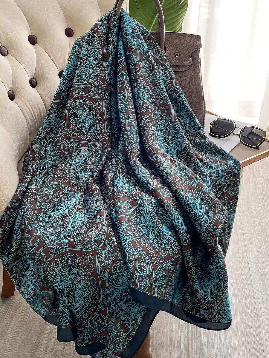 1条女士土耳其蓝色印花仿丝围巾，可用作头饰、围脖或服装配饰 - 松石藍 - 查看 1
