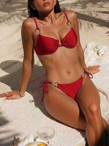 Women's Resort Style Steel Handbag & Bikini 2 Pieces Set, With Shoulder Strap And Metal Waist Belt, Suitable For Summer Island Vacation Beach - Red - View 1