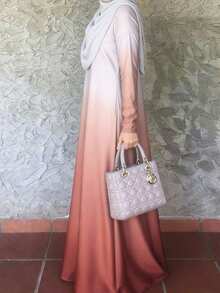 女士渐变色优雅长袍，宽松舒适长裙，穆斯林女士长袖连衣裙，粉色 - 粉色 - 查看 4