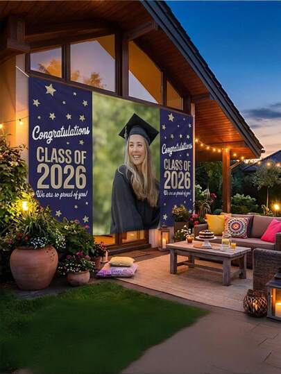 1 pieza - Póster de graduación personalizado, Pancarta de graduación personalizada, Texto/imagen de nombre personalizado, Pancarta plana 2D con figura de graduado sonriente y texto "Celebrar la clase de 2026", adecuado para decoración de fiesta de cumpleaños, celebración de vacaciones, boda, reunión juvenil y fiesta familiar o escolar.