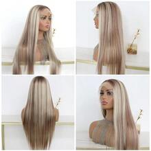 Peluca elegante de cabello liso y largo con flequillo, fibra resistente al calor, adecuada para todos los tonos de piel y razas, peluca sintética natural y de moda, perfecta para uso diario y fiestas. Peluca sintética de cabello largo con flequillo destacado para mujer, color marrón y rubio mezclado. Peluca de fibra sintética suave, natural y hermosa de alta calidad para mujer - Multicolor - Ver 4