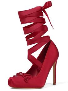 Ballet Heels Satin Stiletto Heels For Women Close Square Toe Bow Lace Up Ribbon Strappy Mary Jane Slingback Ballerina Pumps Lolita Party Wedding Prom Dress Shoes Cute Aesthetic Heels - 紅色 - 查看 2